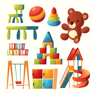 Vector set of cartoon toys for children playground, kindergarten. Teddy bear, ball with other elements for teaching and learning kids. Recreational equipment - swing, slide, teeterboard