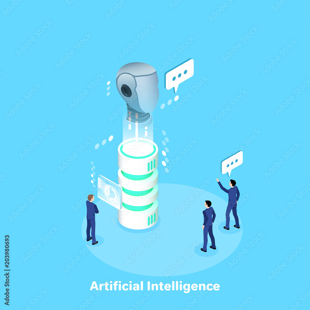 Poster men in business suits develop and implement artificial intelligence using a newest technologies, an 