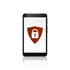 Mobile phone security shield protection. Closed padlock. Vector design.