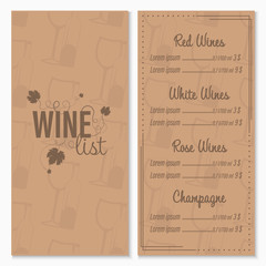 Wine list menu card design template with glasses and bottle of wine in the background.