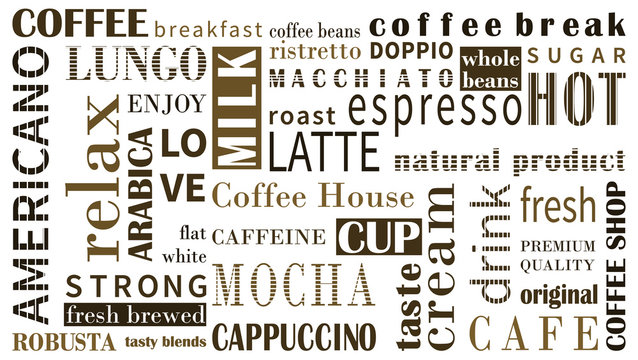 Fototapeta Sorts of coffee vector background with different typograhpy.