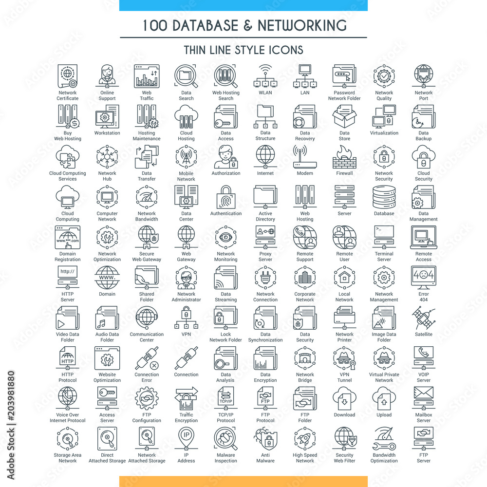 Aufkleber database and networking big icons set. modern icons on theme storage, analysis, organization, synchr
