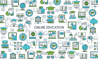 Online education banner. Modern icons on theme knowledge, scince, teaching, school and university. Flat line design icons collection. Vector illustration