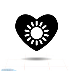 Heart vector black icon, Love symbol. The sun in heart. Valentines day sign, emblem, Flat style for graphic and web design, logo.