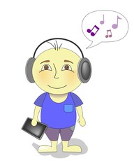 Cartoon character boy listening to music on headphones