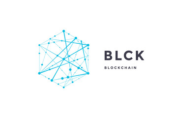 Template label for blockchain technology. Hexagon with connected lines for brand, label, logo, logotype of smart contract block symbol. Design for decentralized transactions. Vector Illustration