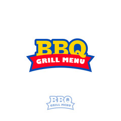 BBQ grill menu logo. Fast food restaurant logo. Bright icon with ribbon. Grill restaurant logo.