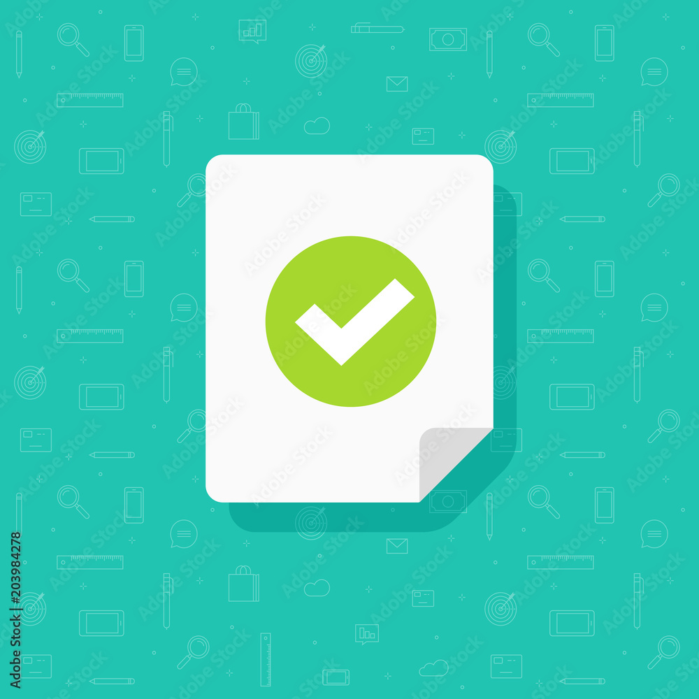 Poster document and checkmark vector icon, flat cartoon paper doc page with approved tick sign, folded shee