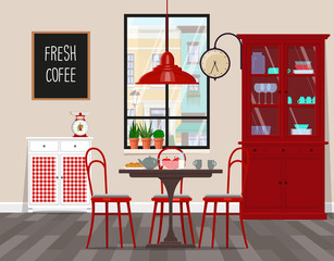 Interior design of cafe, kitchen, dining room in retro style. Vector flat illustration. Isolated vector objects...