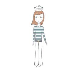 Sailor girl vector clothing female Redheaded long hair family person school student winter sea travel blond woman character drawing full-length pigtails geometric on white background