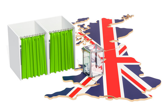 British election concept, ballot box with voting booths on map of Great Britain, 3D rendering