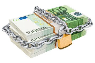 Euro packs with padlock and chain, 3d rendering