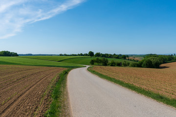Hügelige Landschaft mit Landstraße und Hochständen