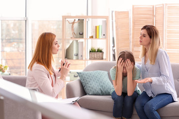 Young female psychologist working with teenage girl and her mother in office