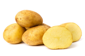 Bunch of potatoes and two halves on a white background.