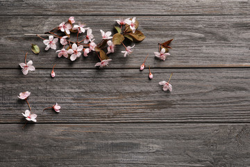 Beautiful blossoming branch on wooden background