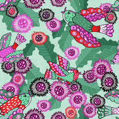Embroidery birds, flowers and leaves seamless pattern. Imitation of children's drawing.  Fashionable design of clothing patterns.  Endless texture. 