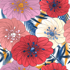Embroidery flowers and leaves seamless pattern. Tropmic plants. Fashionable design of clothing patterns. Endless texture.