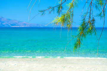 A beautiful sandy beach in Istron, Crete, Greece. Summer background.