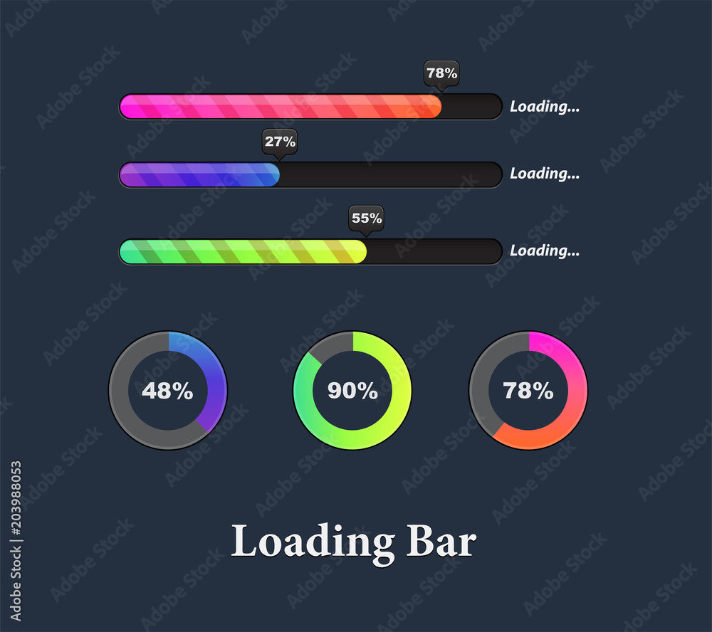 Poster glowing colorful loaders and progress bar set