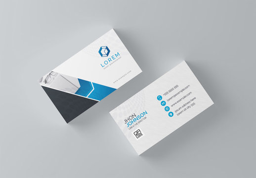 Business Card Layout with Blue Geometric Designs