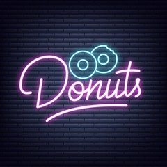 Fototapeta na wymiar Donuts. Donuts neon sign. Neon glowing signboard banner design