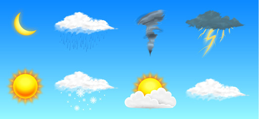 Modern Realistic weather icons set. Meteorology symbols on transparent background. Color Vector illustration for mobile app, print or web. Thunderstorm and rain, clear and cloudy, storm and snow.