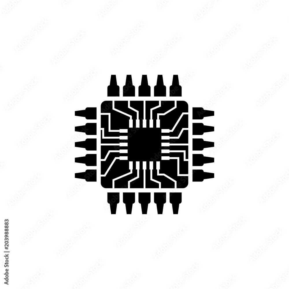 Poster cpu, microprocessor, microchip, circuit board. flat vector icon. simple black symbol on white backgr