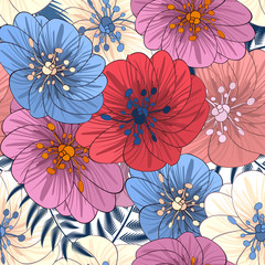 Embroidery flowers and leaves seamless pattern. Tropmic plants. Fashionable design of clothing patterns. Endless texture.