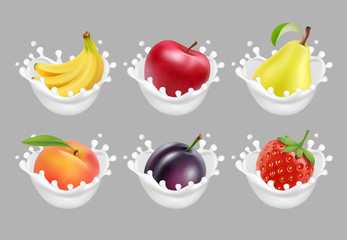 Collection icons of fruit and berries in a milk splash. 3d vector set