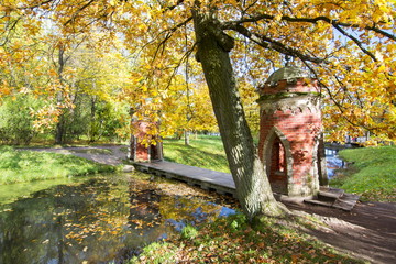 Red (Turkish) Cascade in golden fall in Catherine park, Pushkin, Saint Petersburg, Russia