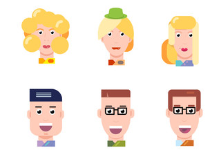 Flat vector characters portrait set. Vector avatars. Smiling happy people. Happy emotions. Vector portraits.