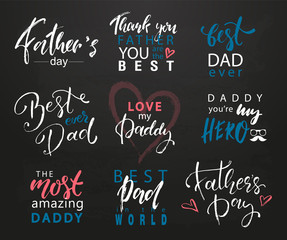 Fathers Day Lettering Calligraphic Emblems, Badges Set. Happy Fathers Day, Best Dad, Love You Dad Inscription. Vector Design Elements For Greeting Card and Other Print Templates