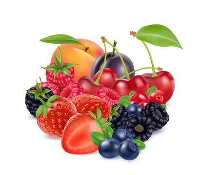 Fresh berries and fruits. 3d realistic vector image.