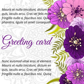 
Festive postcard. For congratulations or invitations. The inscription on the background of the drawings. Bouquets of flowers. decorated with a mandala pattern