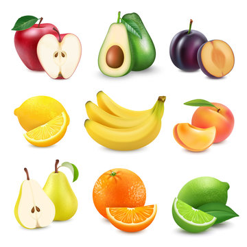 Collection icons of fruit and berries in a milk splash. 3d vector set