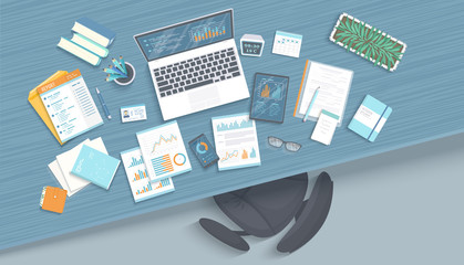 Office workplace with table, armchair, business office supplies, notebook, laptop, documents, calendar, notepad, folder, envelope, books. Vector illustration. Top view