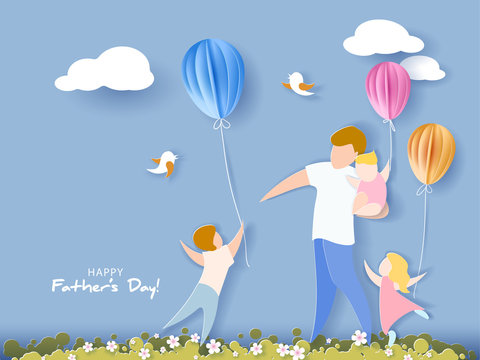 Handsome man with his children and color balloons. Happy fathers day card. Paper cut style. Vector illustration