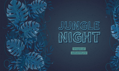 Night in the jungle, adventure in the tropics. Leaves of monstera, palms, lianas in tropical rain forests. Text space. Vector banner background