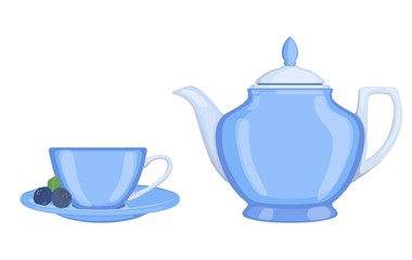 Tea set: tea pot and cup of tea. Vector illustration.