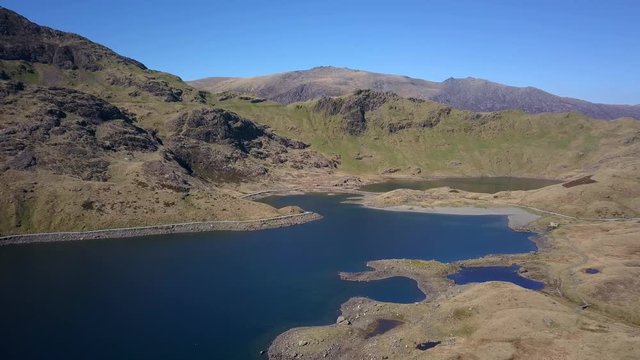 Aerial view of Llyn Llydaw Lake in Snowdonia, Wales, UK.