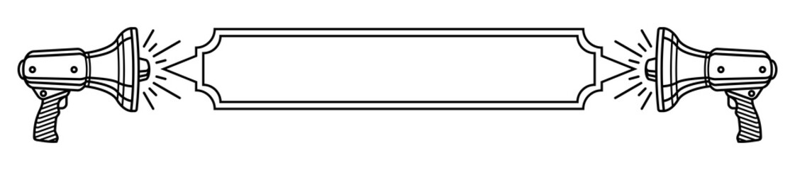 Obraz premium Two loudspeakers and a blank banner between Thin line black and white template for your message to the World