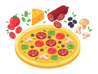 Pizza and products for pizza vector isometric illustration. Tomato, cheese, pepperoni, mushrooms and olives. Isolated isometric illustration on white background.
