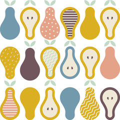 Geometric seamless pattern with pears background. Childish handmade craft for design card, cafe menu, wallpaper, summer gift album, scrapbook, holiday wrapping paper, bag print, t shirt