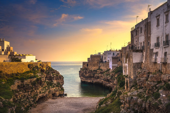 Polignano a Mare village at sunrise, Bari, Apulia, Italy.