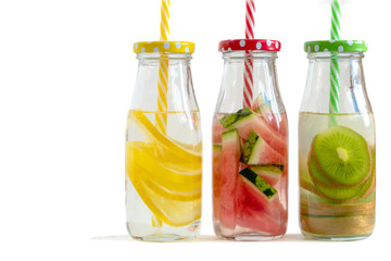 Refreshing summer homemade lemonade. Detox fruit water. Copy space.