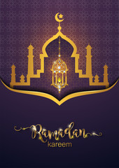 Ramadan Kareem greeting background Islamic with gold patterned and crystals on paper color background. 