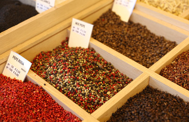 Different kinds of peppers. Herbs and spices market