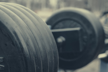 Close-up of dumbbells. free outdoor gym. Concept of street workout. Toned