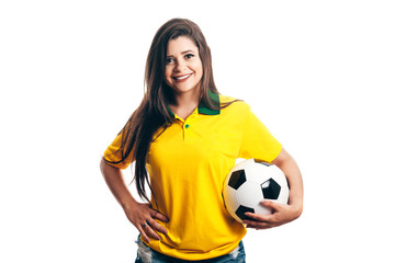 Woman soccer fan with ball isolated on white background